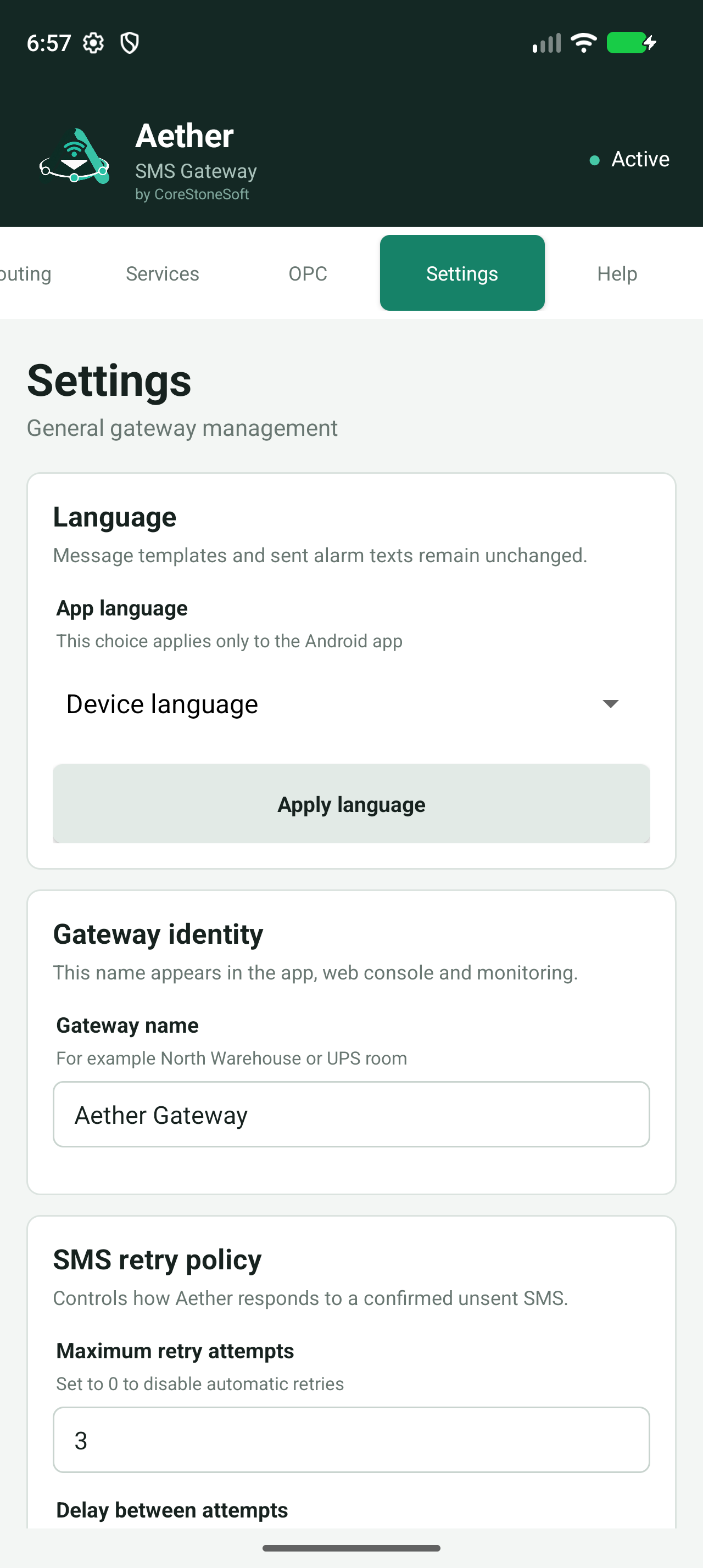 Aether Android-app: algemene gateway-instellingen en SMS-herhaalbeleid