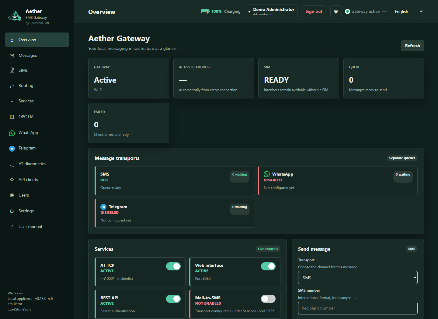 Aether-webconsole met gatewaystatus, services en berichttransporten
